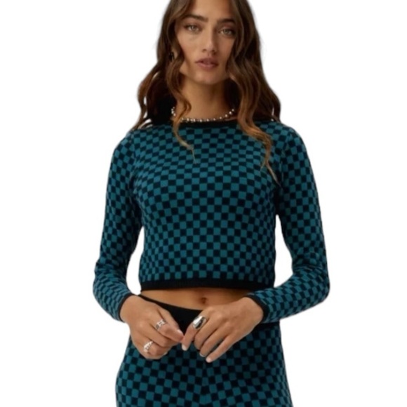 Daydreamers Teal Green Black Checker Pullover Long Sleeve Sweater Size L NEW - Picture 2 of 15